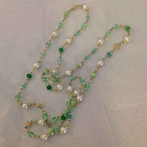 Green, White & Gold Necklace 38" long, never worn, OOAK handcrafted jewelry - Picture 4 of 9